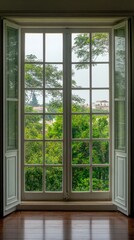 Large windows reveal a moody, overcast vista filled with densely leafed trees and a grey sky, creating a serene, introspective atmosphere characteristic of dark academia