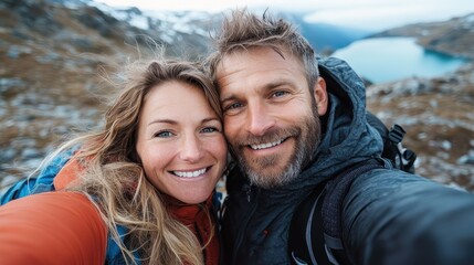 A couple poses happily together, standing by a stunningly beautiful mountain lake backdrop, symbolizing love, companionship, and the joy of traveling together. - Powered by Adobe