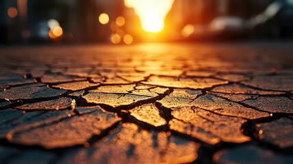 Obraz premium Heat rising from cracked pavement in an urban heat island, visualizing the environmental consequences of city design