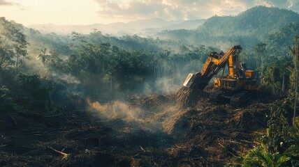 Industrial machines tearing into a forest, visualizing deforestation and the environmental cost of development