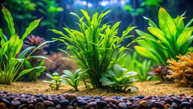 Macro image of a planted freshwater aquarium with Java Fern