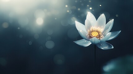 The lotus flower stands out with glowing orange particles surrounding it, emphasizing its intricate petals against a mysterious dark background