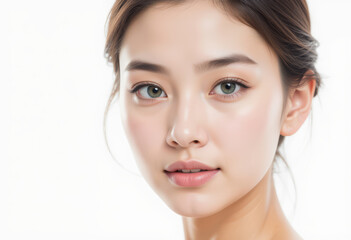 Fototapeta premium Portrait of a beautiful woman with natural makeup, light background.