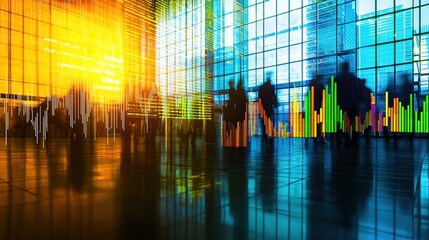 A vibrant, modern financial setting with silhouettes of people and graphical data displayed against a backdrop of large windows and colorful light.