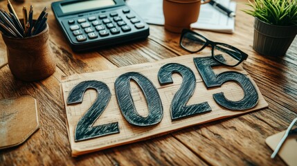 Creative workspace featuring calculators and wooden blocks for the 2025 planning session