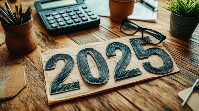Creative workspace featuring calculators and wooden blocks for the 2025 planning session