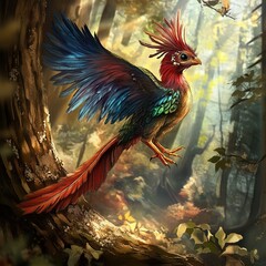 Fototapeta premium Mythical Bird in a Sunlit Forest - Fantasy Creature Art