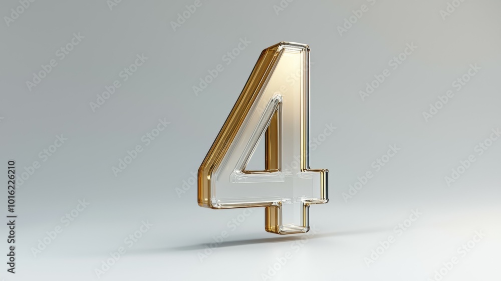 Poster a clear and golden glass number four displayed against a soft gray background in a minimalistic desi