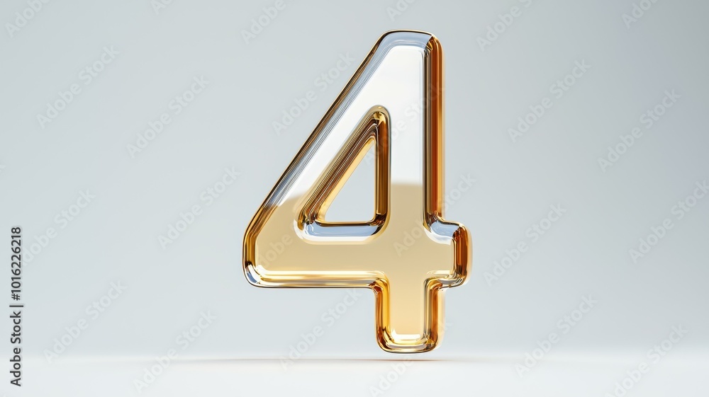 Poster translucent golden number four displayed on a smooth surface in a bright, minimalistic environment