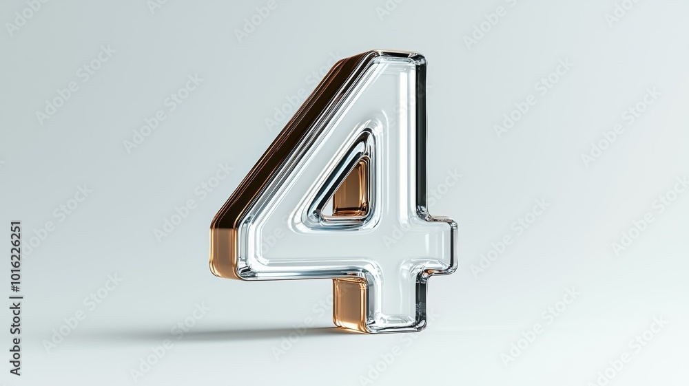 Poster stylish glass number four with a reflective surface and subtle shadows on a light background