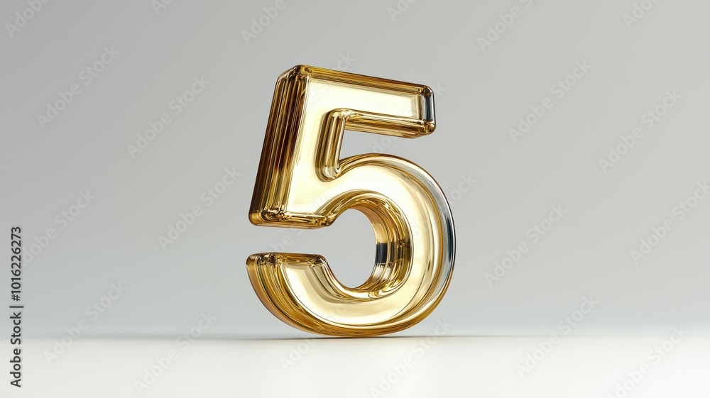 Poster shiny golden number five displayed against a simple light backdrop, emphasizing elegance and sophist