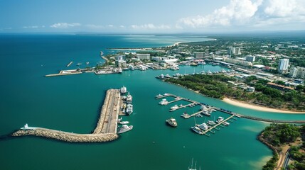 Obraz premium Aerial view of harbor with numerous boats in turquoise water. Cityscape in background with buildings, roads, tall structure and bridge. Clear blue sky with scattered clouds.