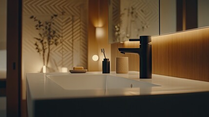 This modern bathroom showcases a chic white countertop paired with a black faucet and a distinctive herringbone-patterned wall mirror, providing a stylish urban view
