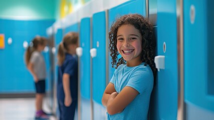 Obraz premium A cheerful girl smiles in a school corridor while students wait by the lockers