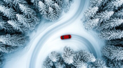 A vibrant red car skillfully navigates a winding snow-covered forest road, showcasing the pristine beauty of the wintry landscape, surrounded by majestic snowy trees.