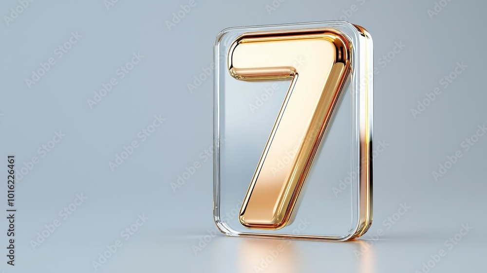 Poster golden number seven displayed in a clear block on a light background for modern design concepts