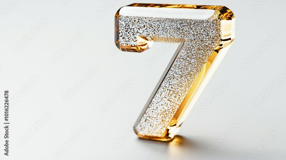 Poster glittering gold number seven on a smooth surface reflecting light in a minimalist setting