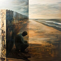 Fototapeta premium Man by the Wall: A Reflection on Freedom and Isolation