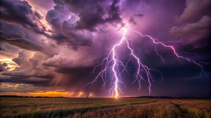 Macro lightning strike in a field during storm with purple sky and dark clouds