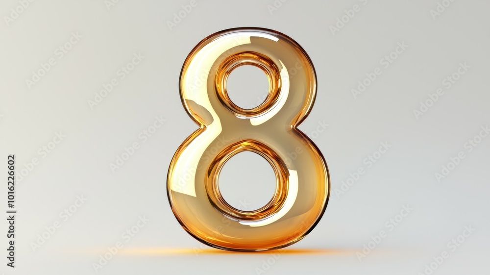 Poster a shiny golden number eight placed on a smooth surface with soft lighting creating a sleek and moder