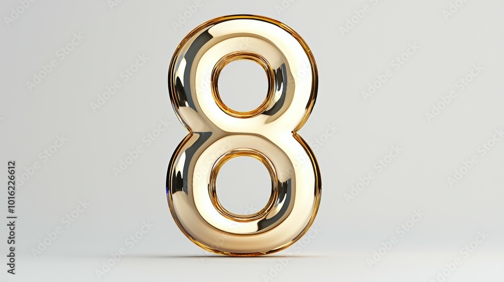 Poster shiny golden number eight displayed against a simple light background in a modern artistic style