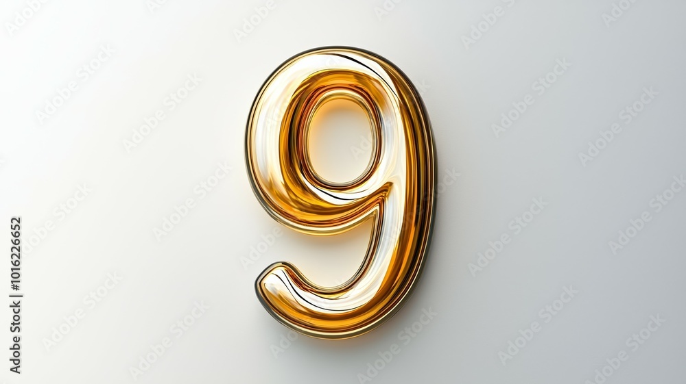 Poster shiny golden number nine against a minimalistic backdrop emphasizing its sleek design and elegant cu