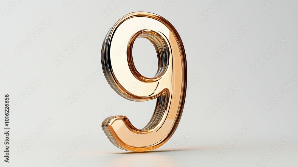 Poster shiny golden number nine standing upright on a light background in a minimalist design setting