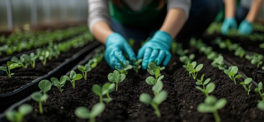 Female gardener in green gloves tending to seedlings in a greenhouse.