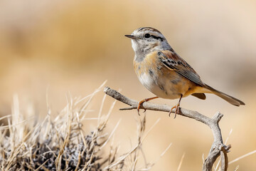 A small bird perched on a thin branch against a blurred background. The bird has a mix of brown, gray, and white feathers with distinctive markings on its face.