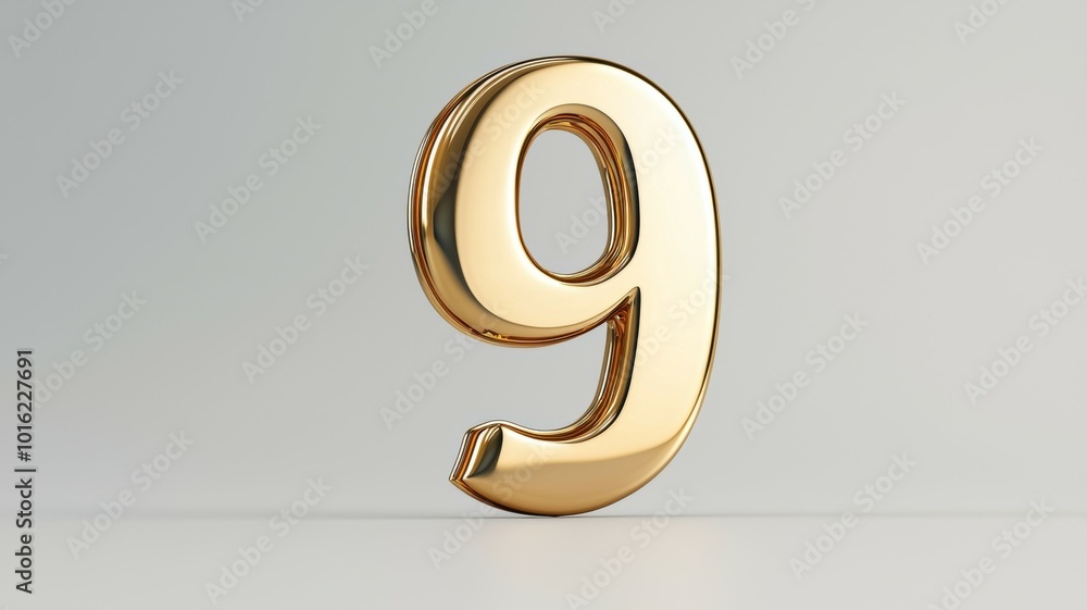Poster golden number nine displayed on a simple background, emphasizing its shape and shine in bright light