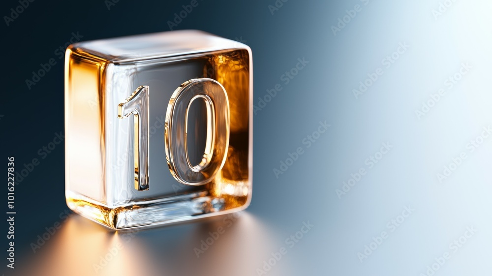 Poster a clear ice cube with the number ten etched inside, glowing softly in diffused light on a smooth sur