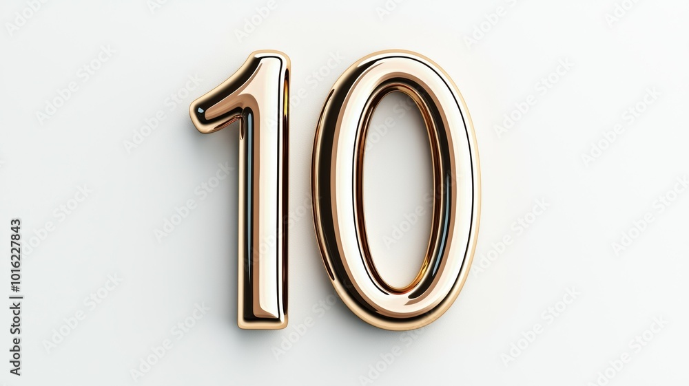Poster stylized number ten displayed in shiny metallic finish on a neutral background in studio lighting
