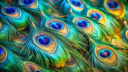 A close-up of peacock feathers displaying vibrant colors and intricate patterns, with the iconic eye-like markings taking center stage.