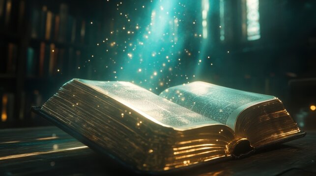 Soothing light over Bible, holographic aura enhances each page, a tranquil presence amidst futuristic technology, divine and calming