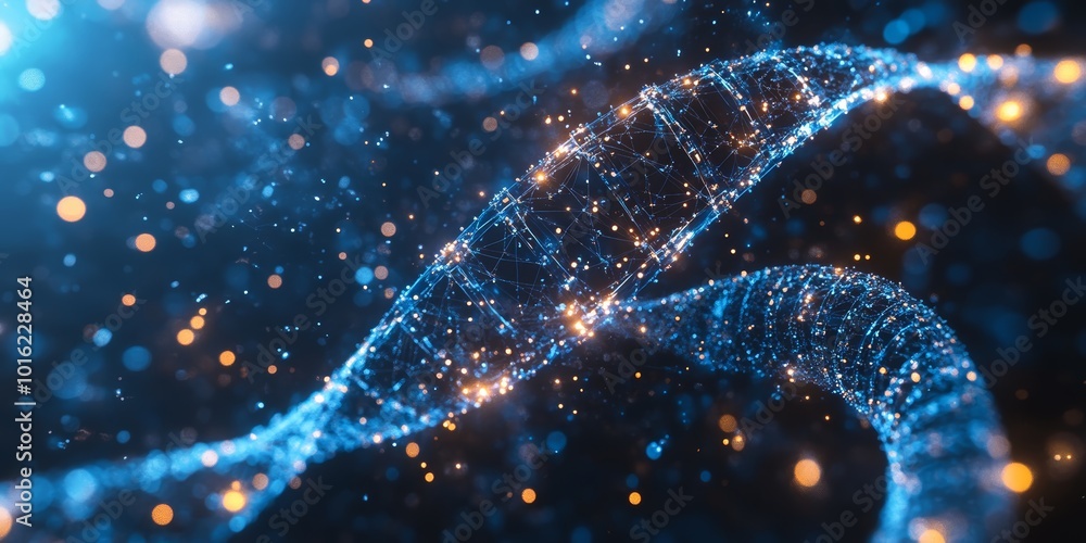 Poster abstract image of a glowing digital dna helix in a blue and orange color scheme.