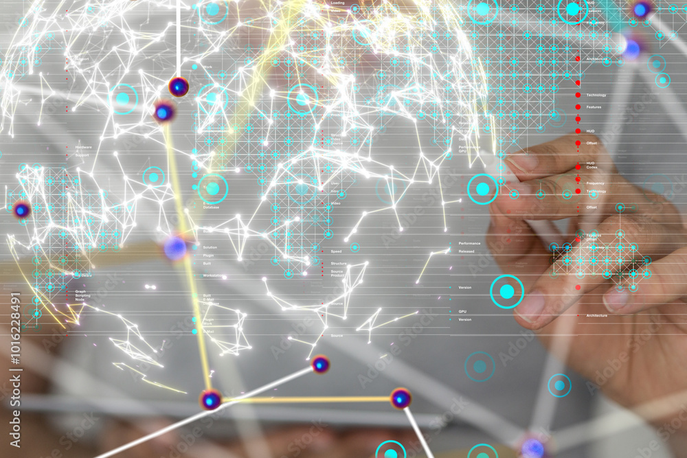 Poster Neural network 3D illustration. Big data and cybersecurity