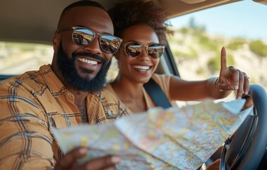 Happy couple enjoying a road trip, navigating with a map while smiling and wearing sunglasses inside a car