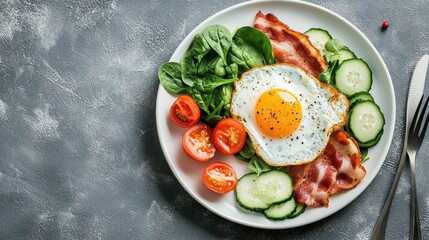 From above of balanced breakfast arrangement on a white plate with fried egg, crispy bacon, fresh spinach leaves, sliced cucumber and wedged tomatoes served with cutlery on grey textured surface