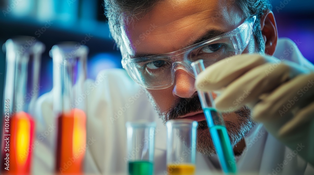 Poster focused male scientist conducting experiments in a laboratory setting with colorful liquids.