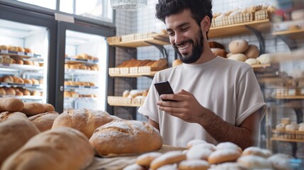 Young hispanic man with beard smiling in bakery shop. Uses smartphone with focus on screen. Around shelves of bread, pastries, whole wheat, sourdough, rye, bakery interior with gray color scheme,