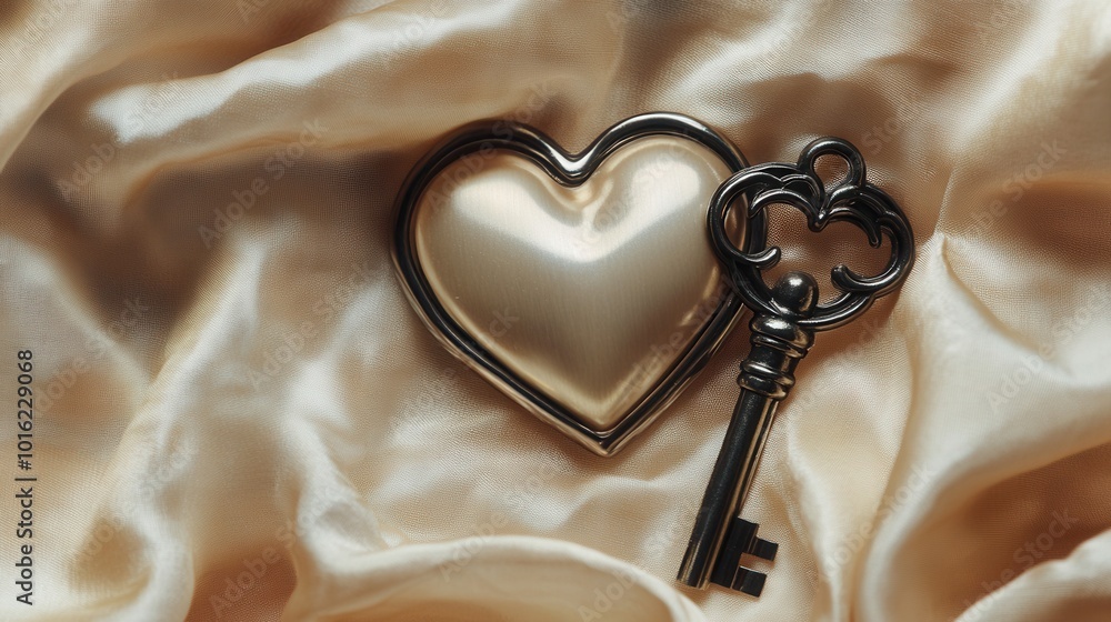 Poster heart-shaped lock and its key resting on a soft fabric background
