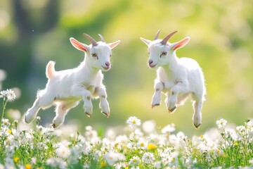 Baby Goats Having Fun: Jumping and Running in Spring Field with Flowers