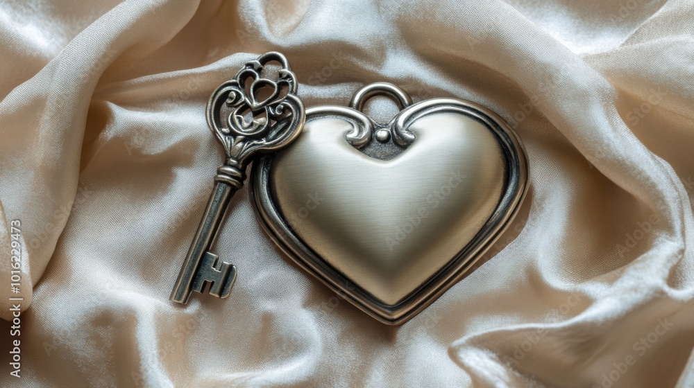 Poster heart-shaped lock and its key resting on a soft fabric background