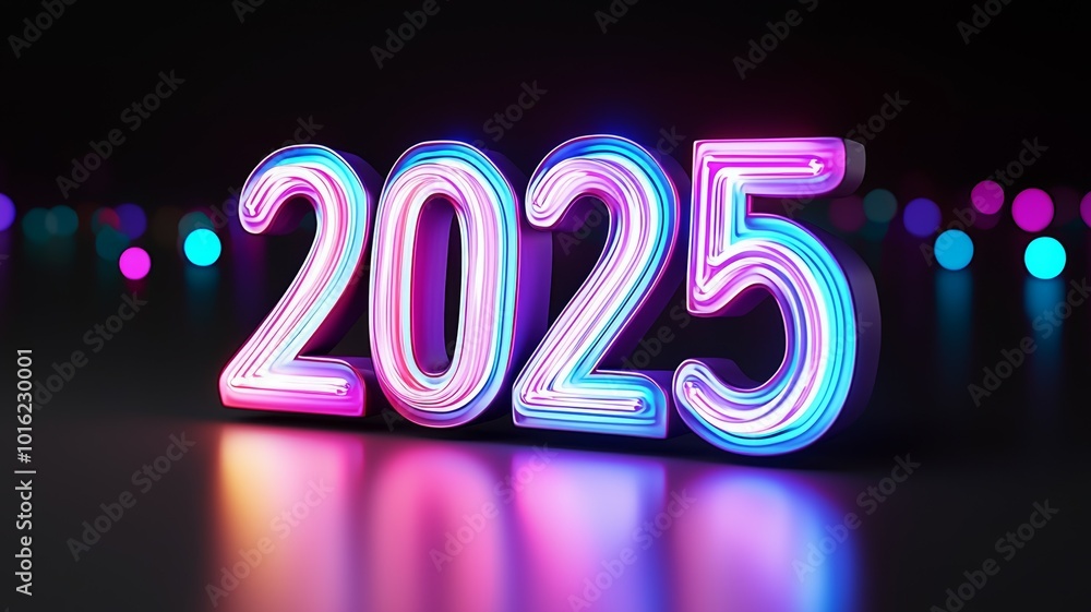 Aufkleber bright neon numbers representing the year 2025 illuminated against a dark background with colorful b
