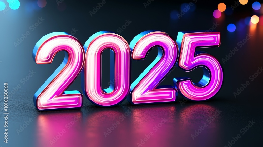 Poster the bright neon numbers representing the year 2025 illuminated against a dark background with colorf