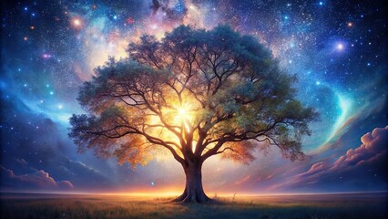 A solitary tree stands tall against a backdrop of a cosmic night sky, its branches reaching towards a celestial tapestry of stars and nebulae, bathed in the soft glow of a distant sunrise.