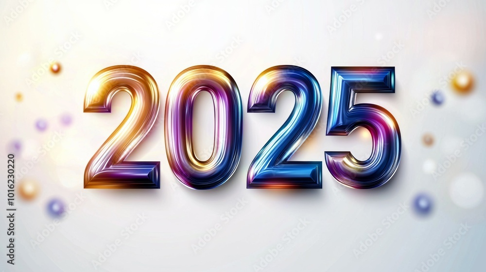 Poster colorful 2025 text design featuring glossy 3d numbers on a sparkling background with bubbles and lig