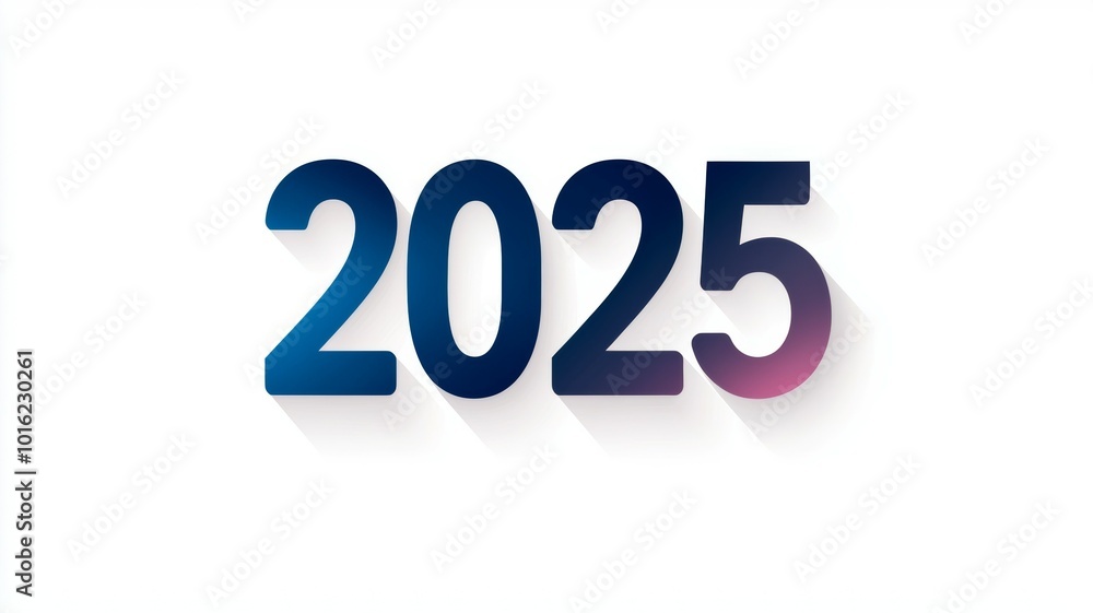 Poster a bold illustration of the year 2025 with a modern design featuring a gradient color scheme on a cle