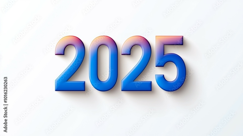 Poster stylized representation of the year 2025 in vibrant blue and pink colors displayed on a white backgr