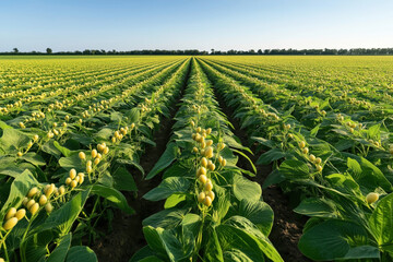 A vast agricultural field with rows of green plants bearing yellow pods, seen under clear blue skies. The plants are spaced symmetrically, suggesting large-scale farming.